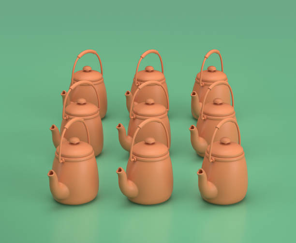 istock Isometric tea pot, camping object and scene, monochrome yellow camping equipment on green background, 3D Rendering 1280871505