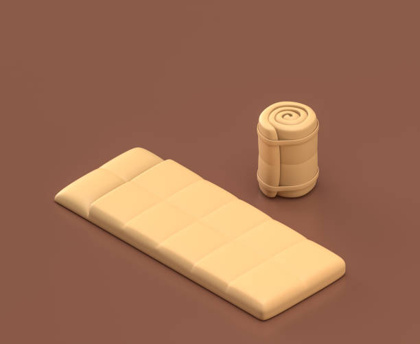 istock Isometric sleeping bag, camping object and scene, monochrome yellow camping equipment on brown background, 3D Rendering 1280872459