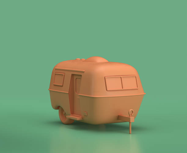 istock Isometric camping caravan, monochrome yellow camping equipment on green background, 3D Rendering 1280872673