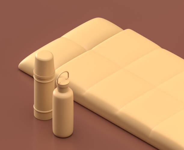 istock a thermos beside a sleeping bag on the brown background, monochrome single flat colors, 3d rendering, camping equipments 1280874223