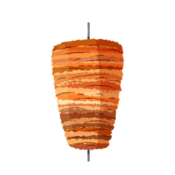 ilustraciones, imágenes clip art, dibujos animados e iconos de stock de kebab doner en saliva vertical. comida callejera de carne árabe y turca. pollo frito para café. - spit roasted