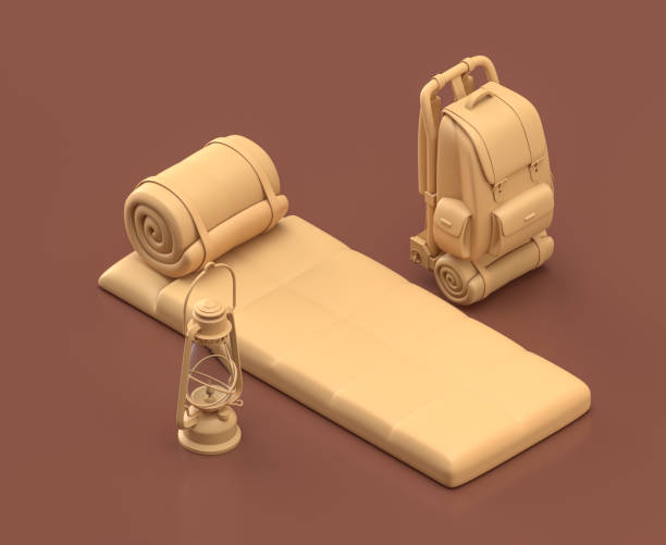 istock A sleeping-bag on the ground with backpack and lantern, a night in the camp, 3d rendering, flat style scene 1280874349