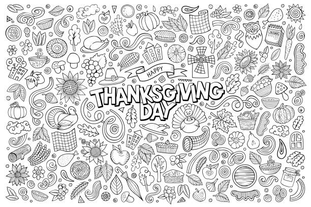 ilustraciones, imágenes clip art, dibujos animados e iconos de stock de sketchy dibujado a mano garólodo conjunto de dibujos animados de acción de gracias objetos y símbolos - thanksgiving fruit cornucopia vegetable