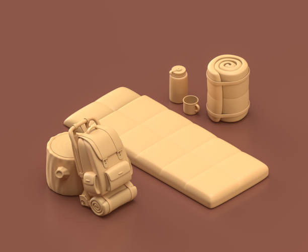 istock Camper's sleeping bag. Isometric camping object and scene, monochrome yellow camping equipment on brown background, 3D Rendering 1280875379