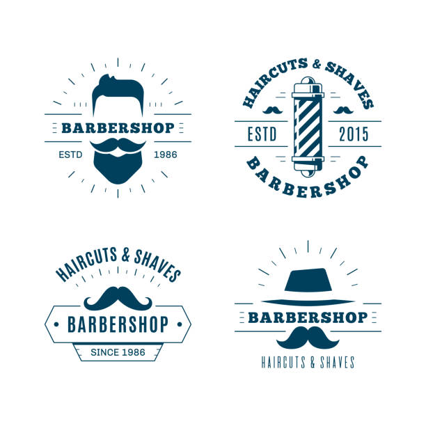 ilustraciones, imágenes clip art, dibujos animados e iconos de stock de diseño de logotipo minimalista simple de barbershop sobre fondo blanco - barbers pole