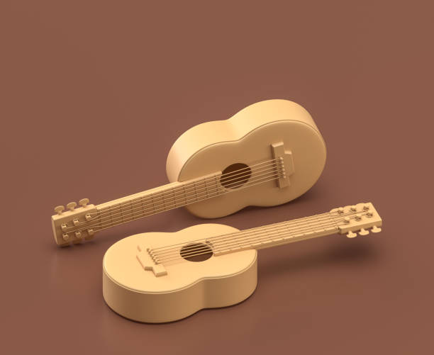 istock Isometric guitar, camping object and scene, monochrome yellow camping equipment on brown background, 3D Rendering 1280876193