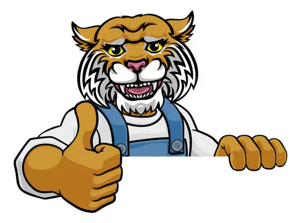 Vector illustration of Wildcat Mascot Plumber Mechanic Handyman Worker