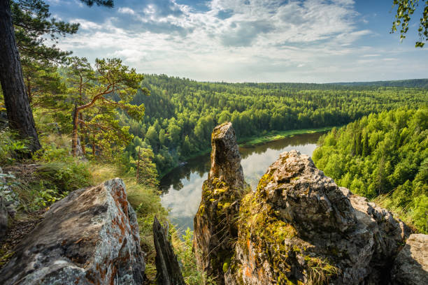 The epic landscape of the Ural nature on the river Chusovaya. stock photo