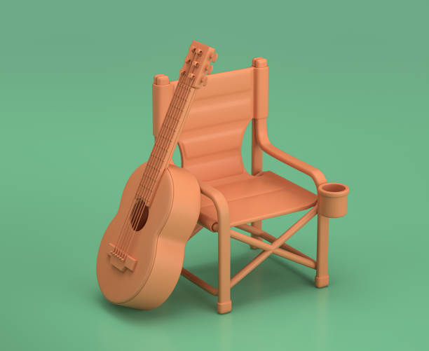 istock single color folding chair and a guitar in green background, 3d rendering, yellow camping objects, making music 1280877288