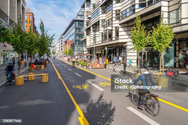 Fighting Climate Change With A City Popup Bike Lane For A Carbon Neutral Future Stock Photo - Download Image Now