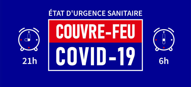 ilustrações de stock, clip art, desenhos animados e ícones de etat d'urgence sanitaire, couvre-feu: state of health emergency, curfew in french language. blue banner - curfew from 21h to 6h - picto