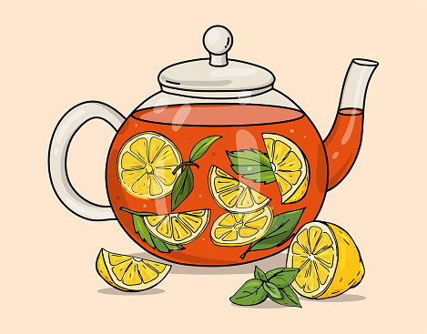 Glass tea pot with lemon and mint. Colorful vector illustration on a beige background. Hand-drawn.