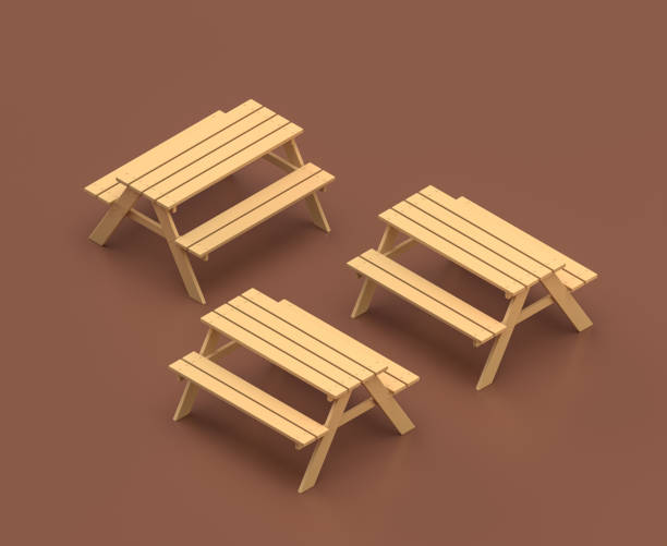 istock Isometric picnic table, camping object and scene, monochrome yellow camping equipment on brown background, 3D Rendering 1280879001