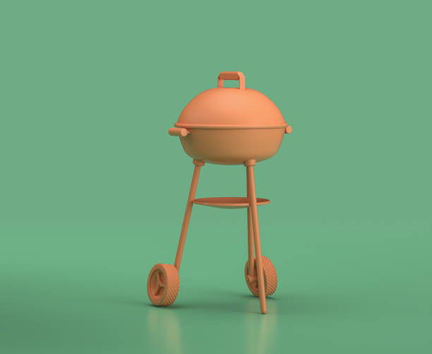 istock Isometric camping barbecue, monochrome yellow camping equipment on green background, 3D Rendering 1280879824