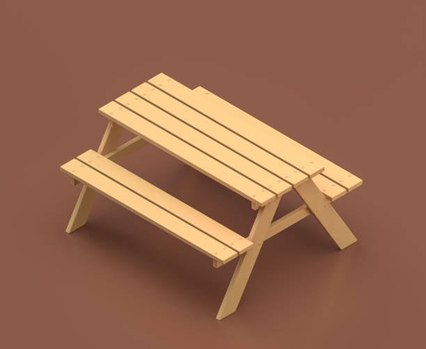 istock Isometric picnic table, camping object and scene, monochrome yellow camping equipment on brown background, 3D Rendering 1280881195