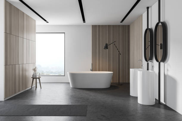 istock White and wooden bathroom, side view 1280886024