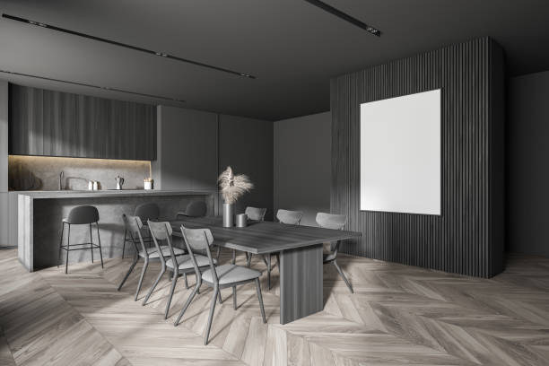 istock Gray and wood kitchen corner, table and poster 1280886134