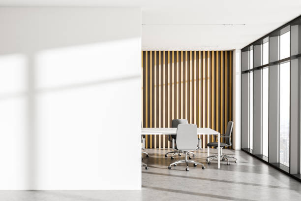 istock Wooden meeting room with mock up wall 1280886371