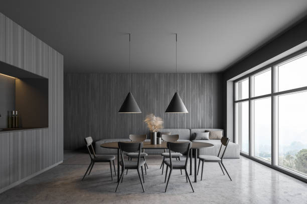 istock Dark wooden living room with table 1280886497