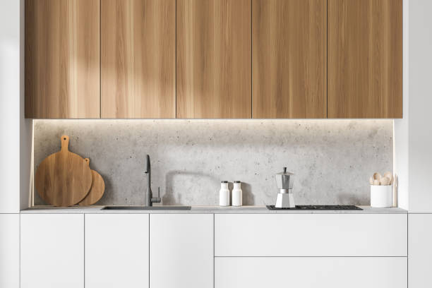 istock White and wooden kitchen with cupboards, close up 1280887208