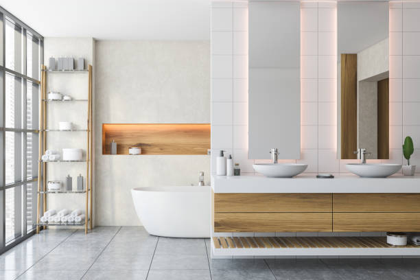 istock White bathroom interior with tub and sink 1280887722