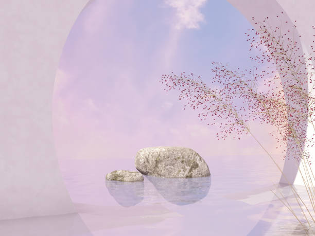 istock Natural beauty podium backdrop with stone and flower grass. 1280888439