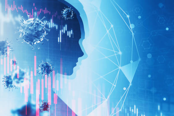 istock Woman head silhouette and coronavirus over blue background 1280888675