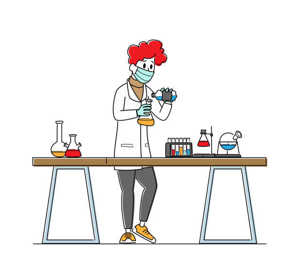 illustrazioni stock, clip art, cartoni animati e icone di tendenza di scienziato in lab coat conduct experiment, ricerca scientifica in laboratorio. - medical research backgrounds laboratory chemistry class