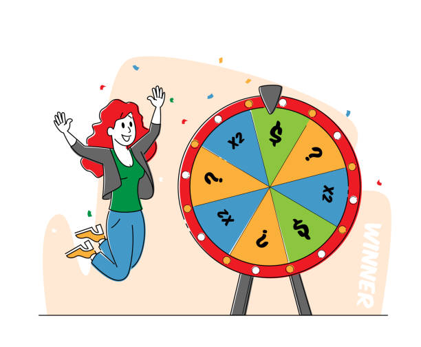 lucky woman charakter gewinnen jackpot, bingo lotterie auf glücksrad in casino oder gaming house. happy girl player freut sich - playing chance gambling house stock-grafiken, -clipart, -cartoons und -symbole