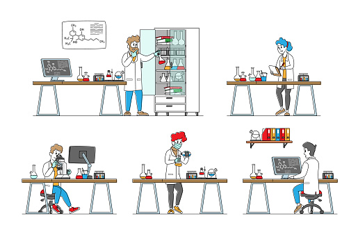 Set of Chemistry Scientists, Professional Characters Chemist or Doctors Research Medical Experiment in Scientific Laboratory with Contemporary Equipment, Researchers. Linear People Vector Illustration