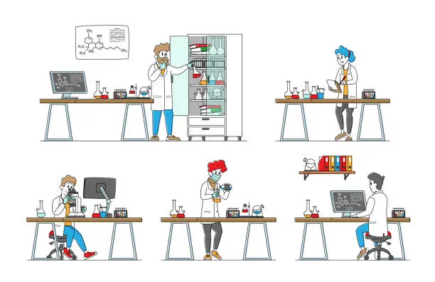 Vector illustration of Set of Chemistry Scientists, Professional Chemist or Doctors Research Medical Experiment in Scientific Laboratory