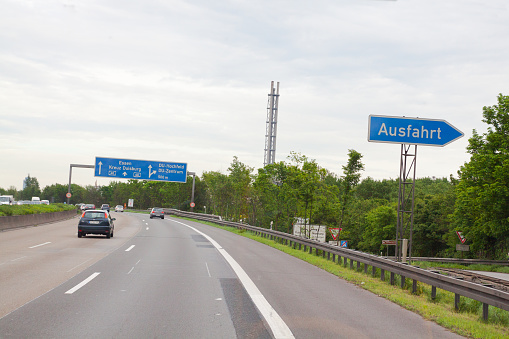 Highway A40 and exit Duisburg Zentrum and Hochfeld. Drivers view