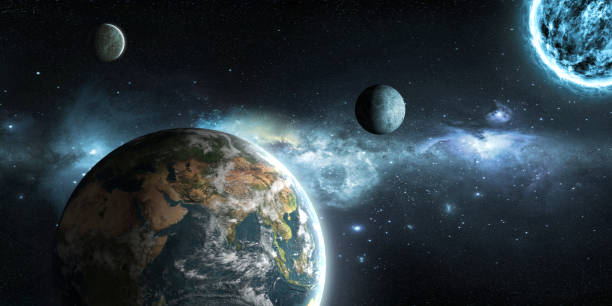istock Earth, moon and sun on the background of outer space with a beautiful nebula 1280891594