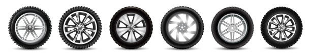 블랙 오토 타이어 절연, 타이어 컬렉션 설정 - 스톡 벡터 - tire rim stock illustrations