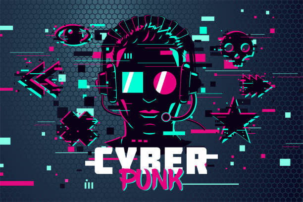 Cyber punk man. Boy gamer portrait. Video games background, glitch style. Male online user avatar. Vector illustration. Cyber punk man. Boy gamer portrait. Video games background, glitch style. Vector illustration. Male online user avatar. games multiplayer online android stock illustrations