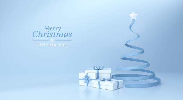 istock Gift box and christmas tree with a star at the top on blue background and text merry christmas & happy new year. 1280893779