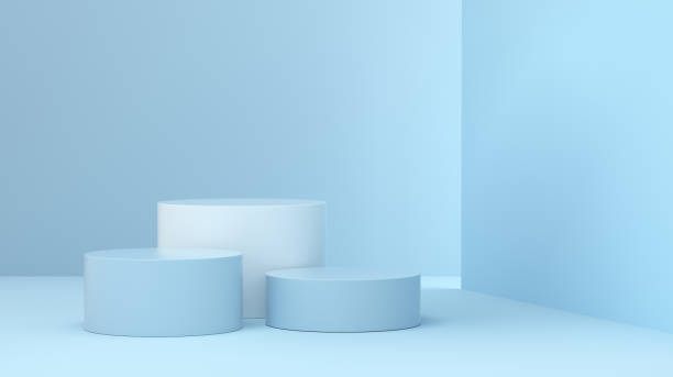 istock Podium three products exhibition light entry from one side on blue studio background. fashion and cosmetic concept. 1280893780