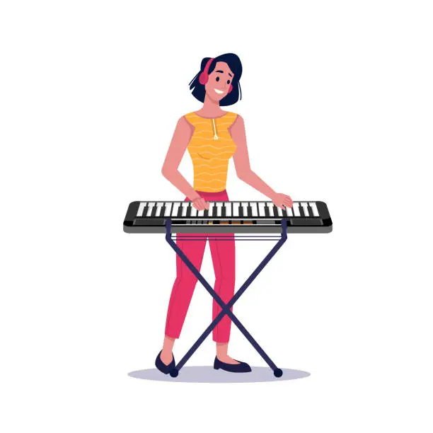 Vector illustration of Girl playing digital piano isolated flat cartoon woman. Vector female musician playing synthesizer musical instrument, pianist practicing on music lessons on electric piano, composer performer