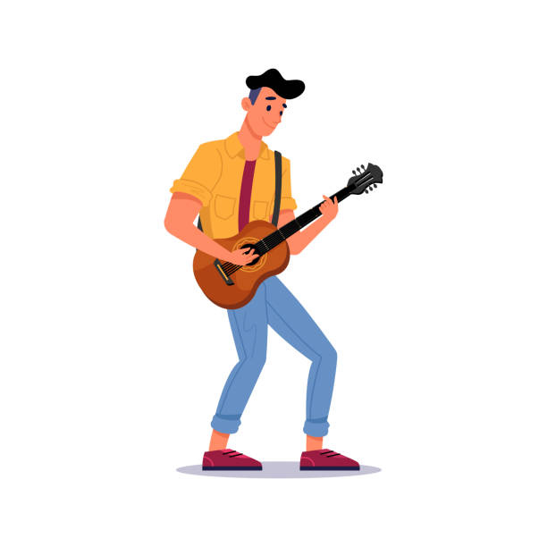 ilustrações, clipart, desenhos animados e ícones de guitarrista tocando violão homem isolado com instrumento musical de cordas. vector masculino músico dá performance com guitarra de corda elétrica, rock and roll cantor hobby. jogador adulto em pano casual - musical instrument string illustrations