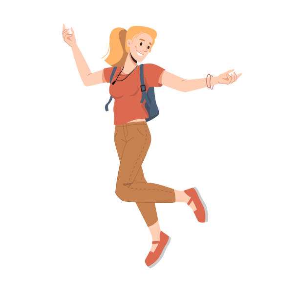 ポニーテール、跳躍やトレンディな服で孤立した大学生をジャンプと笑顔のブロンドの女性。ファッションバックパック、フラット漫画のキャラクターでベクトルアメリカまたはヨーロッパ� - ponytail点のイラスト素材／クリップアート素材／マンガ素材／アイコン素材