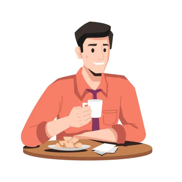 Vector illustration of Smiling man in tie drinks coffee with cookies or waffles on plate isolated flat cartoon character. Vector businessman on lunch, male in shirt drinking tea and enjoying fresh bakery in cafe restaurant