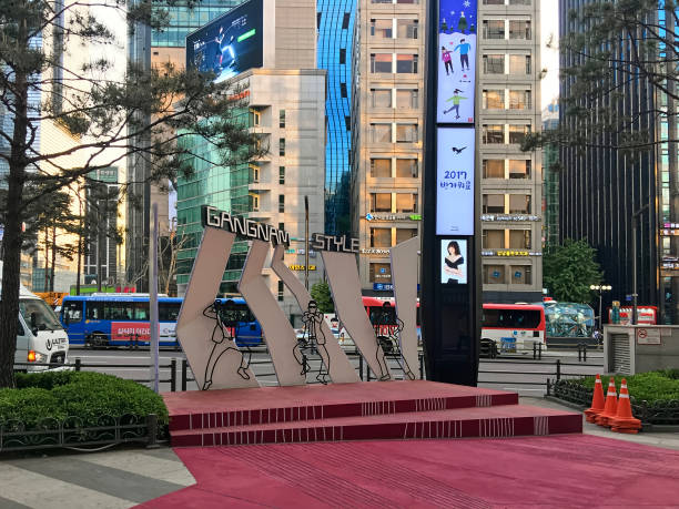 The Gangnam Style Horse Dancing Stage in the Gangnam District Seoul, South Korea - May 3, 2017:Dedicated to the famous Korean singer Psy and his cult single Gangnam Style. Popular tourist destination song title stock pictures, royalty-free photos & images