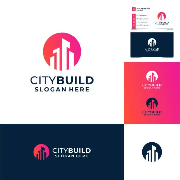 Vector illustration of Sun, circle with building design, city, real estate, architecture with business card template