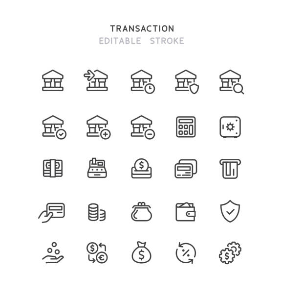ilustrações, clipart, desenhos animados e ícones de ícones da linha de dinheiro de transação financeira traçado editável - caixa de depósito de cofre