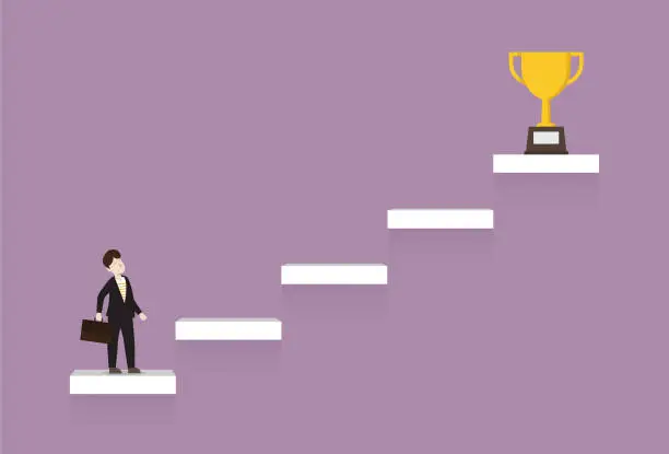 Vector illustration of Businessman looks at a trophy atop a ladder