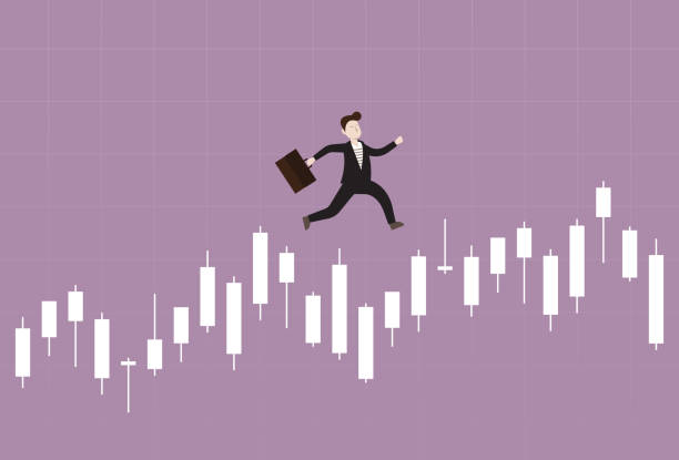 ilustrações de stock, clip art, desenhos animados e ícones de businessman run over a stock market graph - trading board illustrations