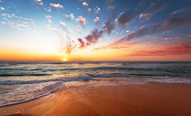 istock Colorful ocean beach sunrise with deep blue sky. 1280898351