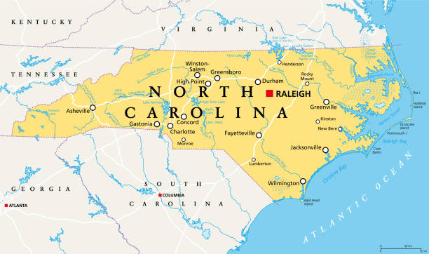 North Carolina, NC, political map, Old North State, Tar Heel State North Carolina, NC, political map. With the capital Raleigh and largest cities. State in the southeastern region of the United States of America. Old North State. Tar Heel State. Illustration. Vector. georgia us state stock illustrations