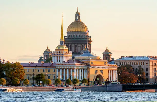 St. Petersburg cityscape with Saint Isaac's Cathedral, Admiralty building and Palace bridge at sunset, Russia