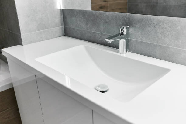 istock Close up elements interior of apartment.  Minimalist bathroom with sinks. 1280900781